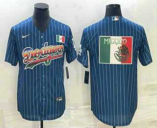 Mens Los Angeles Dodgers Big Logo Navy Blue Pinstripe MLB Cool Base Nike Jersey3